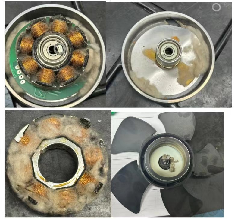 Examples of fan motors clogged with cotton fibers and dust