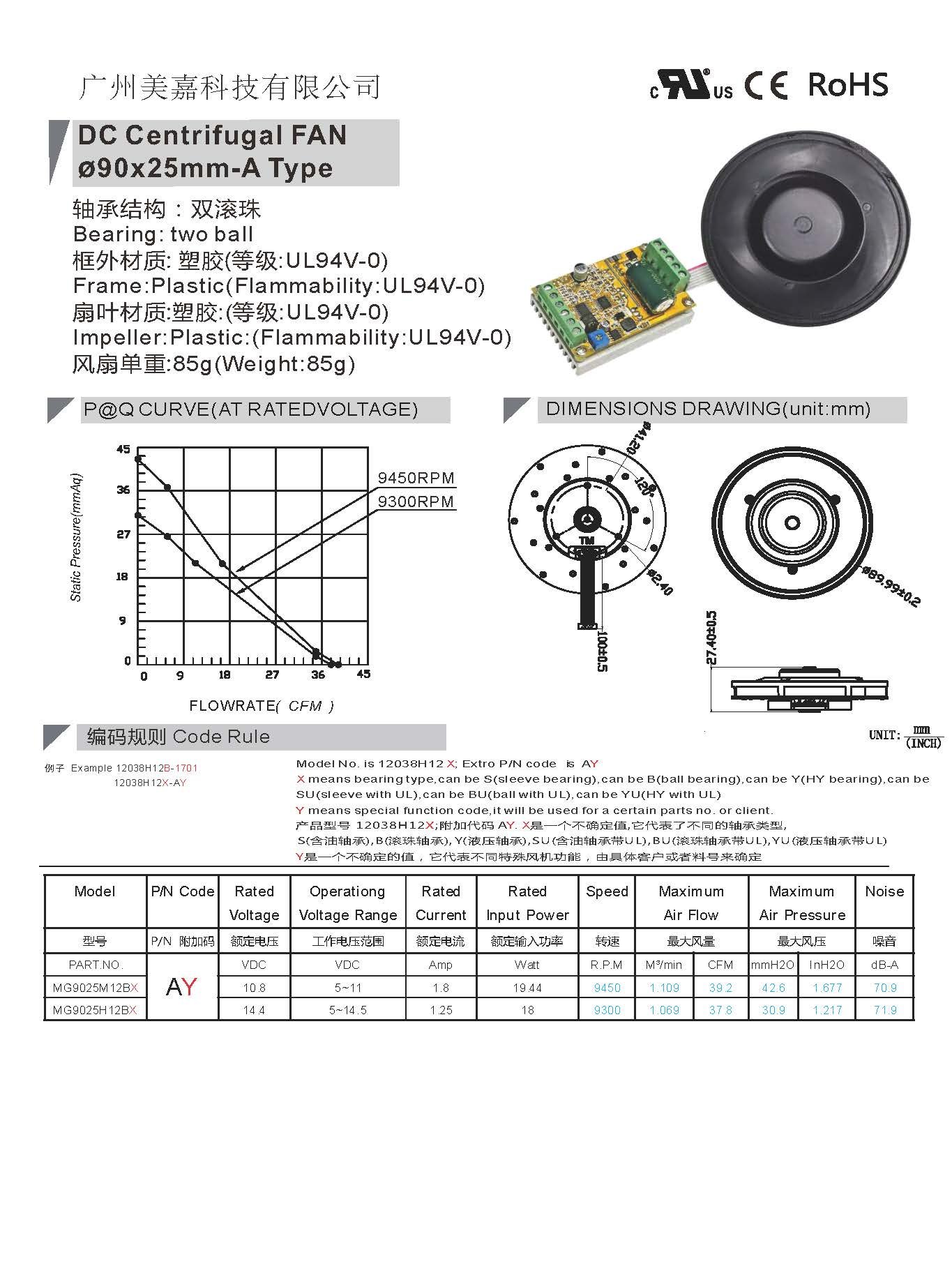 9025 DC brushless centrifugal fan